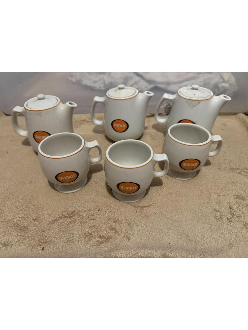 Sanka 3 Coffee Pots and 3 Matching Mugs Vintage Advertising Retro MCM